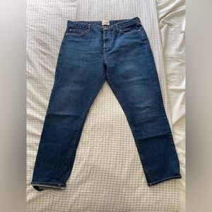 Sezane Denim Button Fly High Rise Straight Leg Jeans.